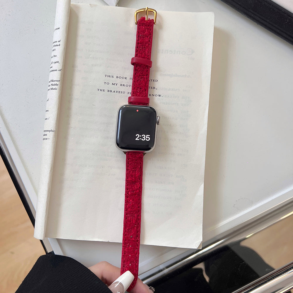 For Apple Watch Series 9 8 7 41mm / 6 5 4 SE (2023) SE (2022) SE 40mm / 3 2 1 38mm Woolen+Leather Watch Band - Red+Gold Buckle For Apple Watch Series 9 8 7 41mm / 6 5 4 SE (2023) SE (2022) SE 40mm / 3 2 1 38mm Woolen+Leather Watch Band - Red+Gold Buckle
